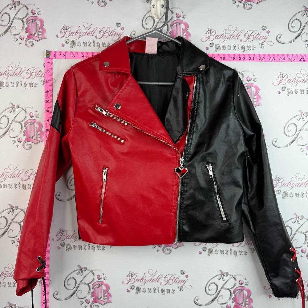 Spirit Halloween two tone red Black Faux Leather Moto Jacket with Heart Zip